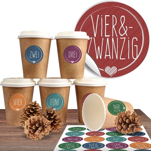 24 BIO Coffee to go Becher mit 24 Adventsaufklebern Schick und Bunt