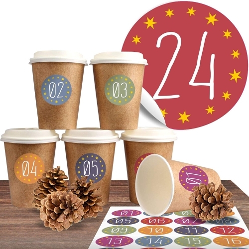 24 BIO Coffee to go Becher mit 24 Adventsaufklebern Zum Advent