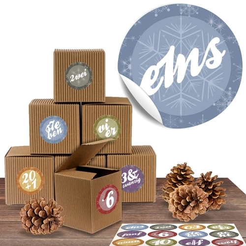 24 Rustikale Adventsboxen mit 24 Adventsaufklebern Moderne Adventszahlen
