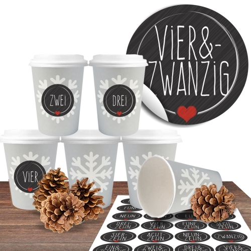 24 BIO Coffee to go Becher "Schneeflocke" mit 24 Adventsaufklebern Schick und Schwarz