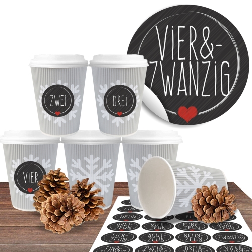 24 BIO Coffee to go Becher "Schneeflocke geriffelt" mit 24 Adventsaufklebern Schick und Schwarz