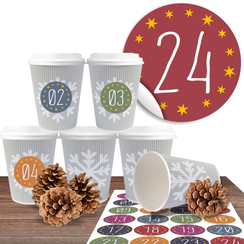 24 BIO Coffee to go Becher "Schneeflocke geriffelt" mit 24 Adventsaufklebern Zum Advent