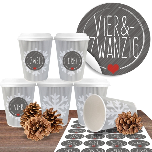 24 BIO Coffee to go Becher "Schneeflocke geriffelt" mit 24 Adventsaufklebern Schick und Grau