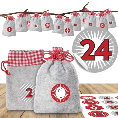 24 Weihnachtliche Filzbeutel mit 24 Zahlenaufklebern Duo Rot