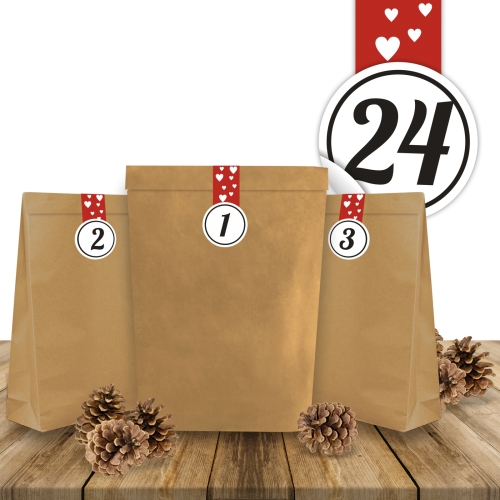 25 weihnachtliche Papiertüten mit  24 Verschlussaufklebern "Herzen zum Advent" und 24 Zahlenaufklebern