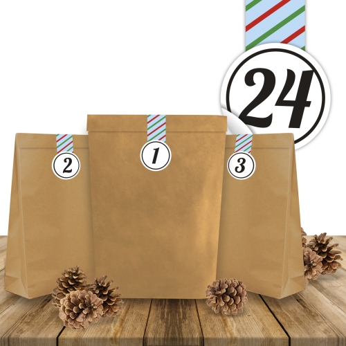 25 weihnachtliche Papiertüten mit  24 Verschlussaufklebern "Weihnachtliche Streifen" und 24 Zahlenaufklebern