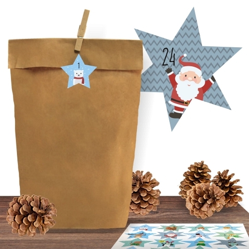 25 Kraftpapiertüten mit 24 Adventsaufklebern Stars of Christmas