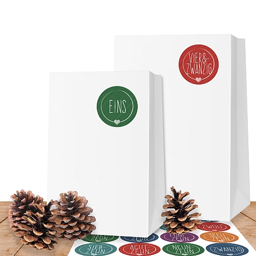25 weie Kraftpapiertten XL (10x19 cm) mit 24 Adventsaufklebern Schick & Bunt