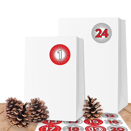25 weiße Kraftpapiertüten XL (10x19 cm) mit 24 Adventsaufklebern Duo Rot