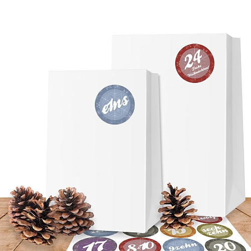 25 weie Kraftpapiertten XL (10x19 cm) mit 24 Adventsaufklebern Moderne Adventszahlen